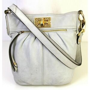 B. Makowsky LIGHT GRAY GENUINE LEATHER X-BODY PURSE SHOULDER BAG HANDBAG POUCH